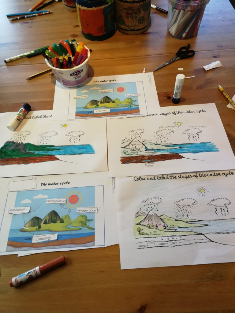 Worksheets completed by children learning about the Water Cycle